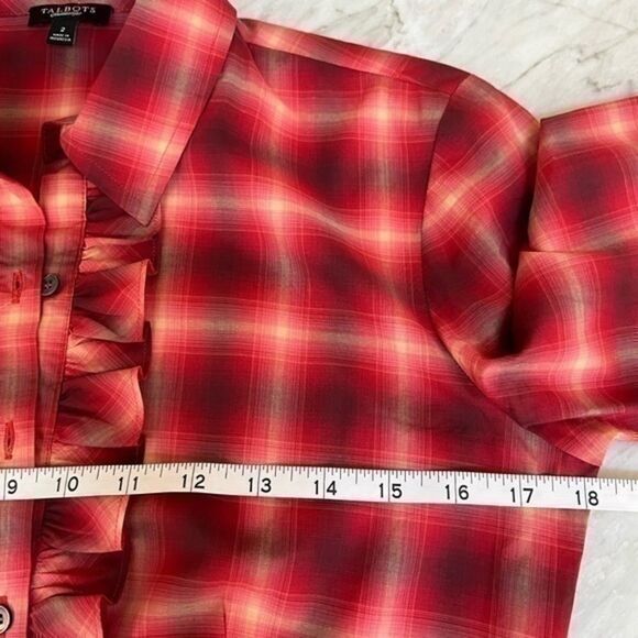 Talbots Red Plaid Ruffle Chest Blouse Cotton size 2 - Picture 5 of 7